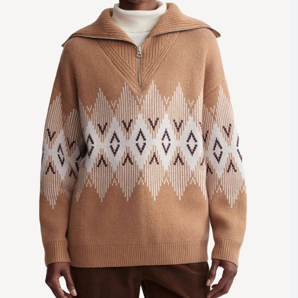 Varley Tan and White Patterned Sweater